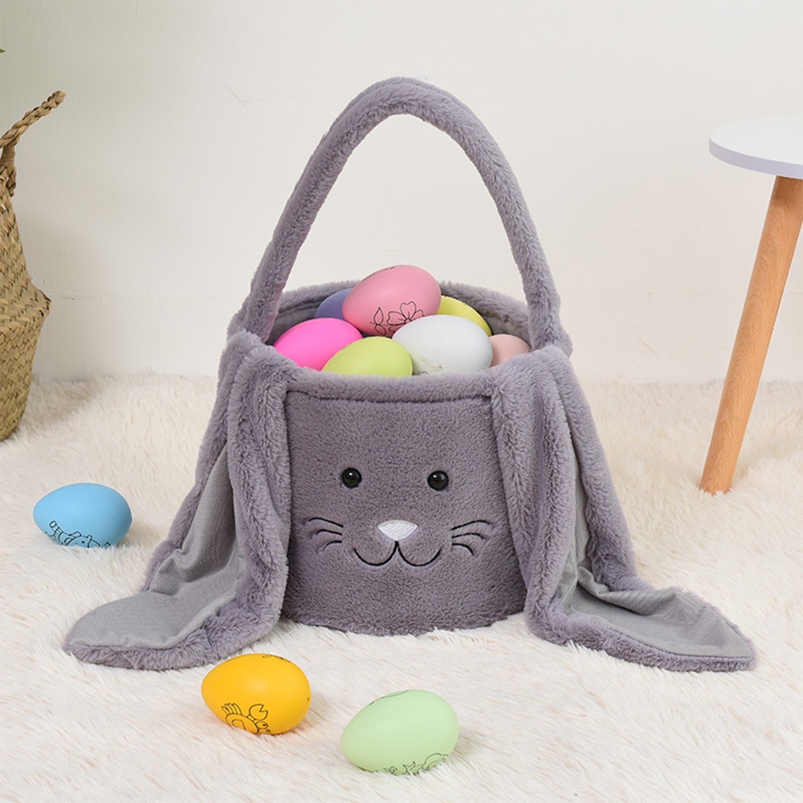 Easter Basket for Kids - Plush Bunny Basket with Handle, Easter Bucket for Egg Hunt, Easter Decorations & Gifts for Boys and Girls (Blue) by PALIFEUR
