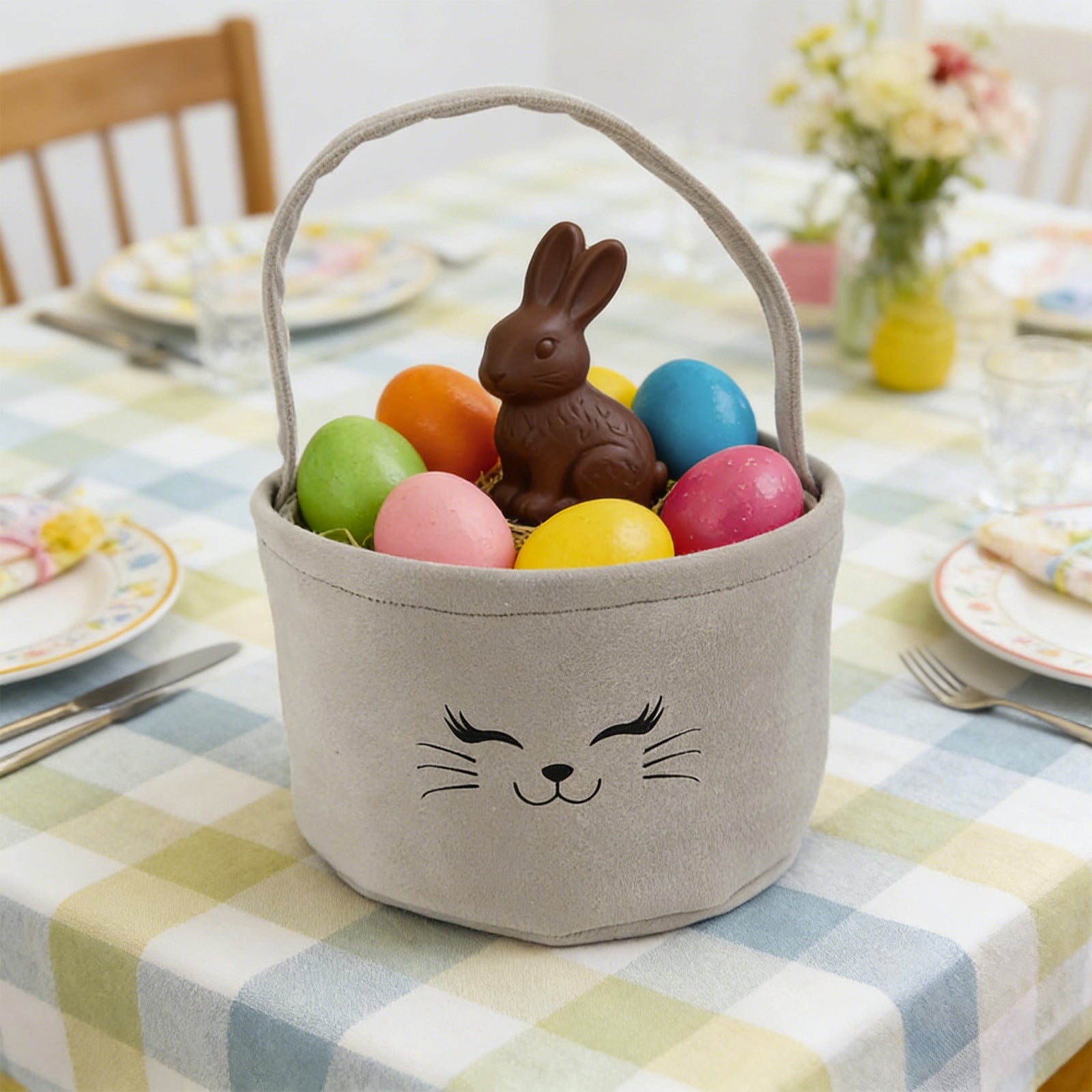 Easter Basket for Kids - Plush Bunny Basket with Handle, Easter Bucket for Egg Hunt, Easter Decorations & Gifts for Boys and Girls (Blue) by PALIFEUR