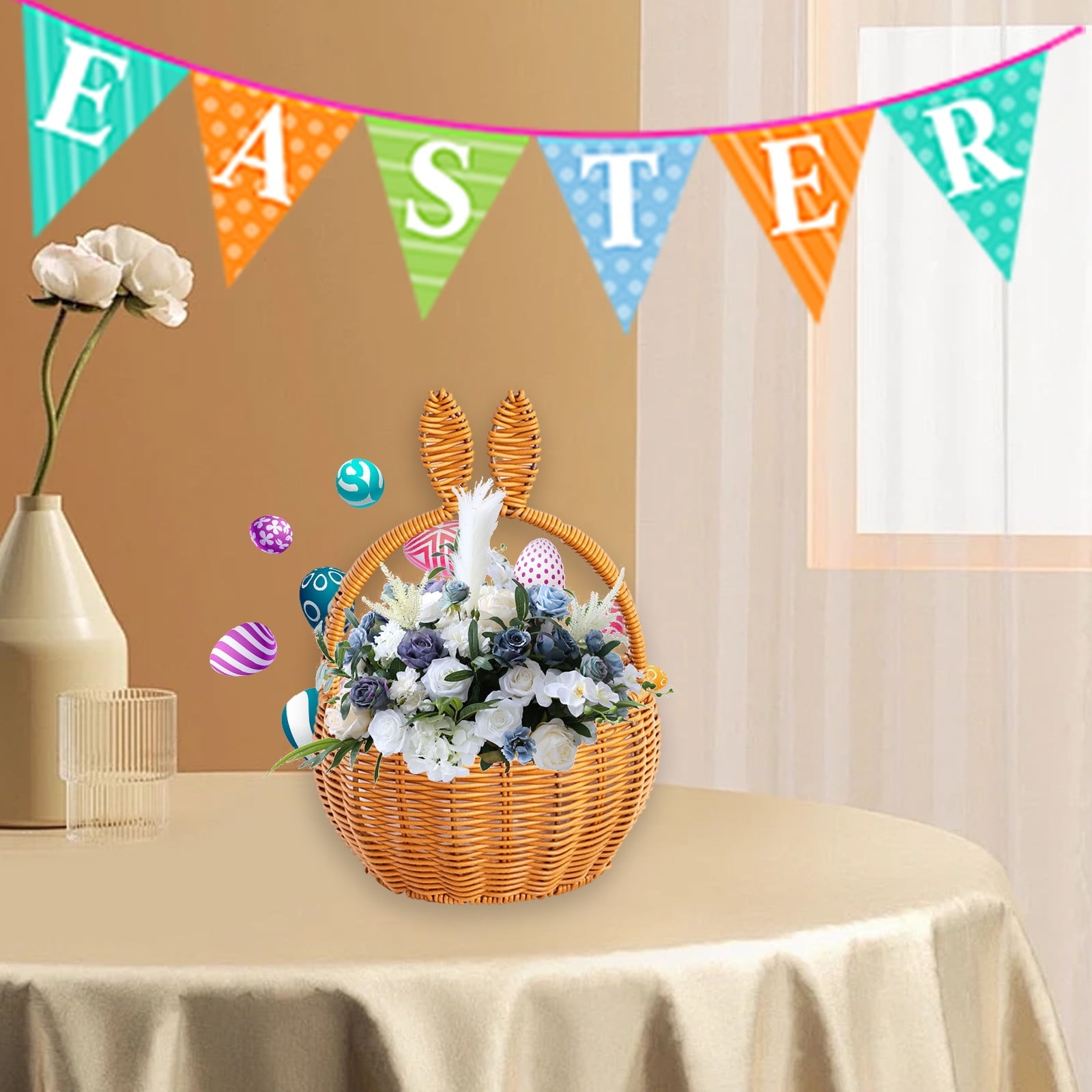 Easter Basket for Kids - Plush Bunny Basket with Handle, Easter Bucket for Egg Hunt, Easter Decorations & Gifts for Boys and Girls (Blue) by PALIFEUR