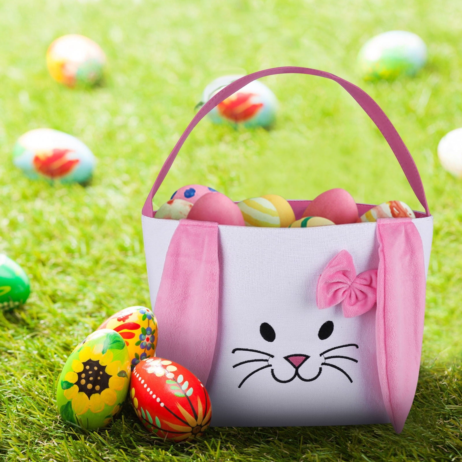 Easter Basket for Kids - Plush Bunny Basket with Handle, Easter Bucket for Egg Hunt, Easter Decorations & Gifts for Boys and Girls (Blue) by PALIFEUR