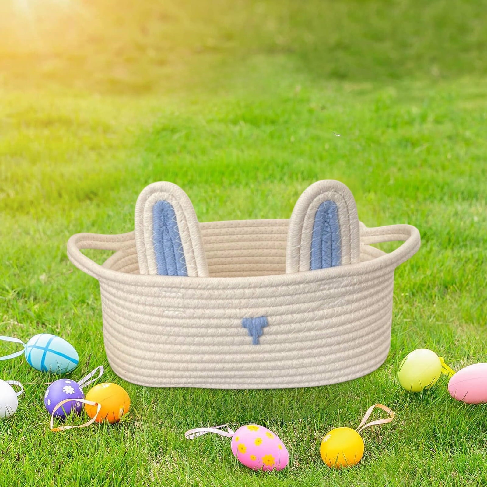 Easter Basket for Kids - Plush Bunny Basket with Handle, Easter Bucket for Egg Hunt, Easter Decorations & Gifts for Boys and Girls (Blue) by PALIFEUR