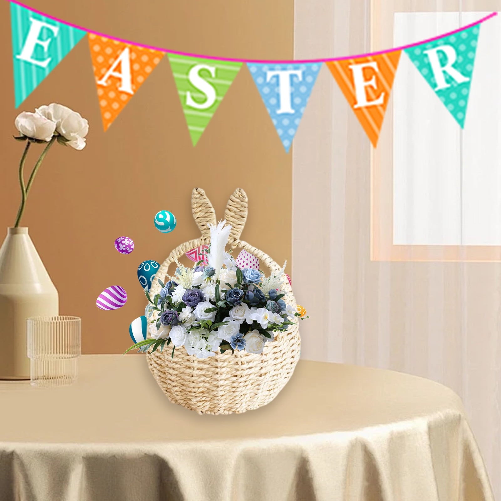 Easter Basket for Kids - Plush Bunny Basket with Handle, Easter Bucket for Egg Hunt, Easter Decorations & Gifts for Boys and Girls (Blue) by PALIFEUR