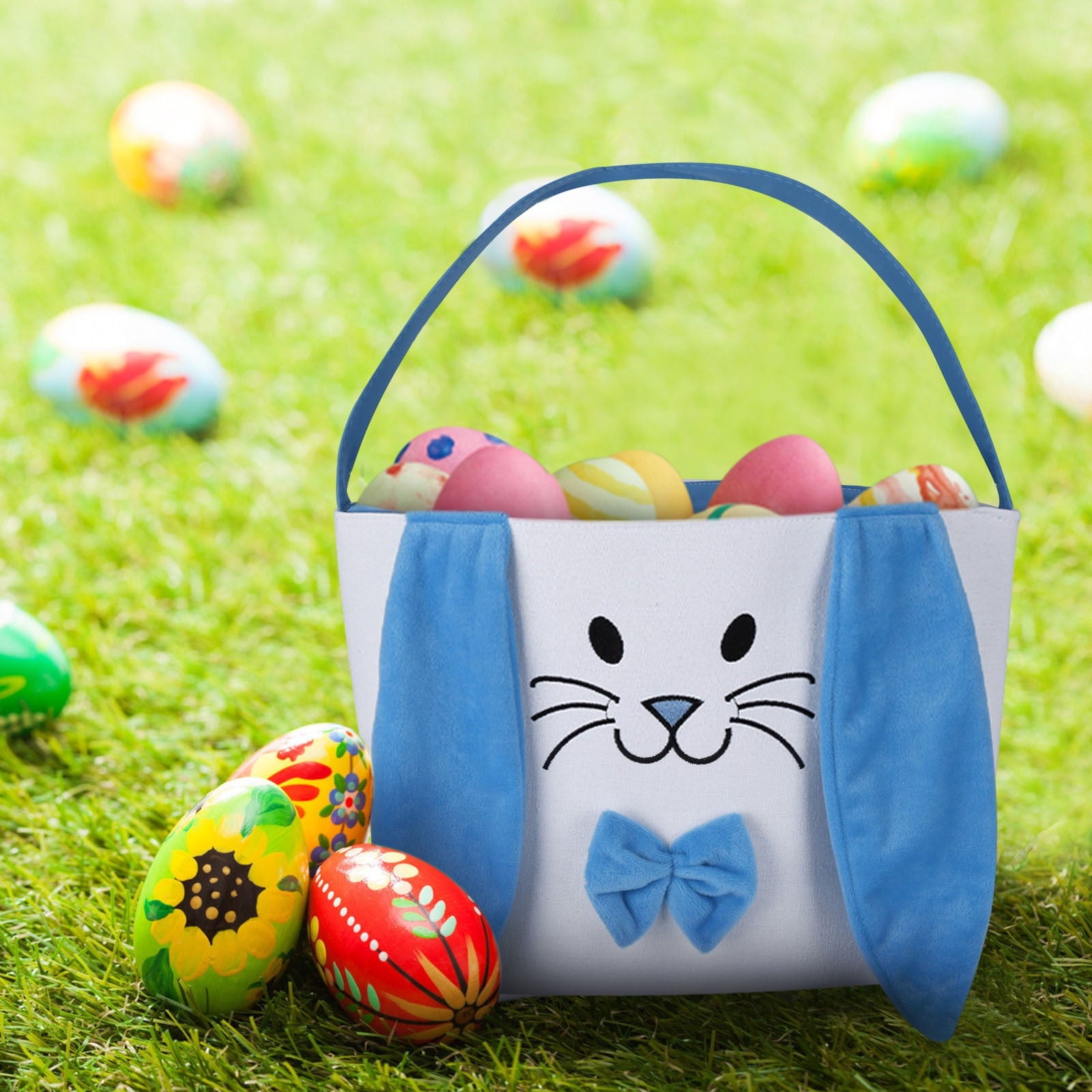 Easter Basket for Kids - Plush Bunny Basket with Handle, Easter Bucket for Egg Hunt, Easter Decorations & Gifts for Boys and Girls (Blue) by PALIFEUR