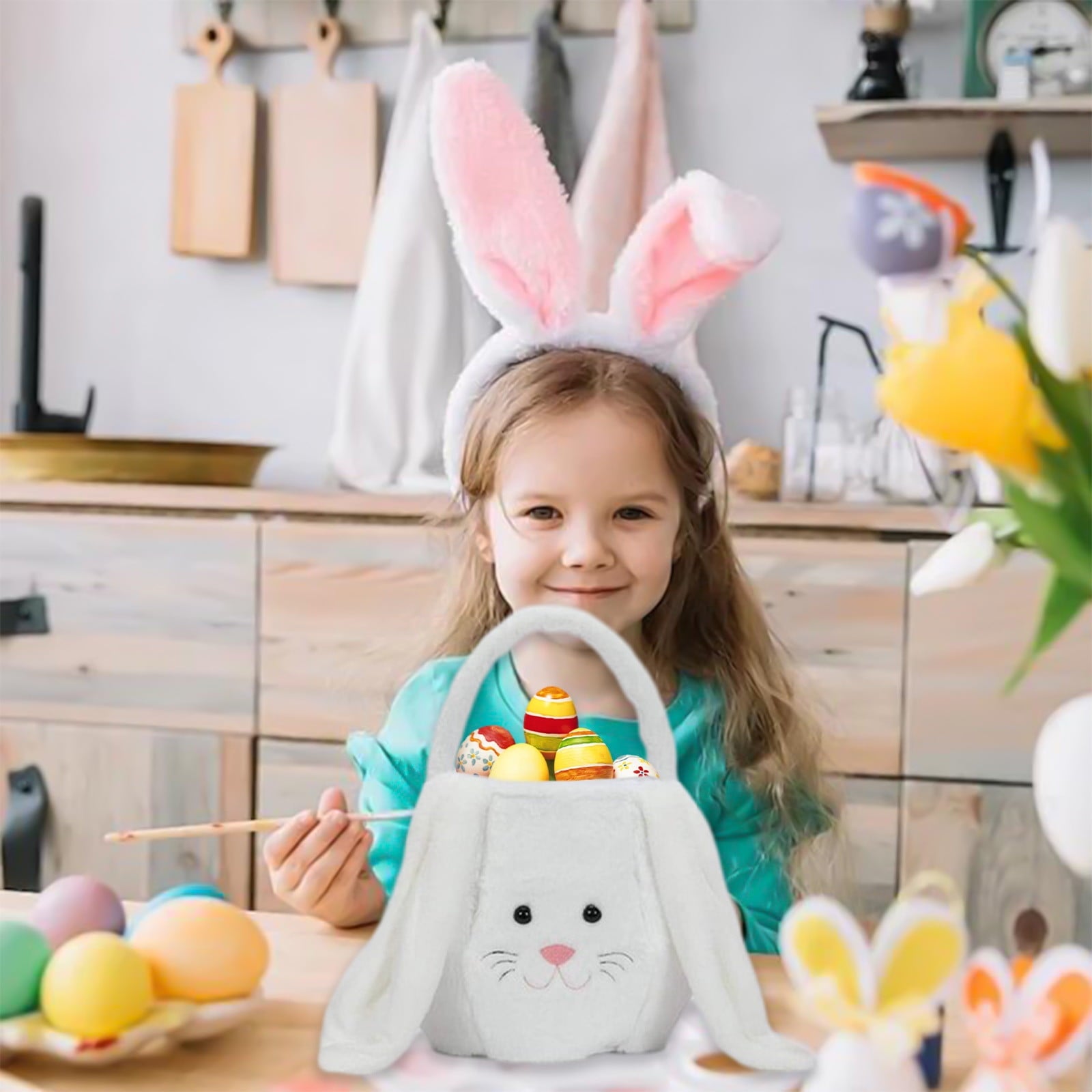 Easter Basket for Kids - Plush Bunny Basket with Handle, Easter Bucket for Egg Hunt, Easter Decorations & Gifts for Boys and Girls (Blue) by PALIFEUR