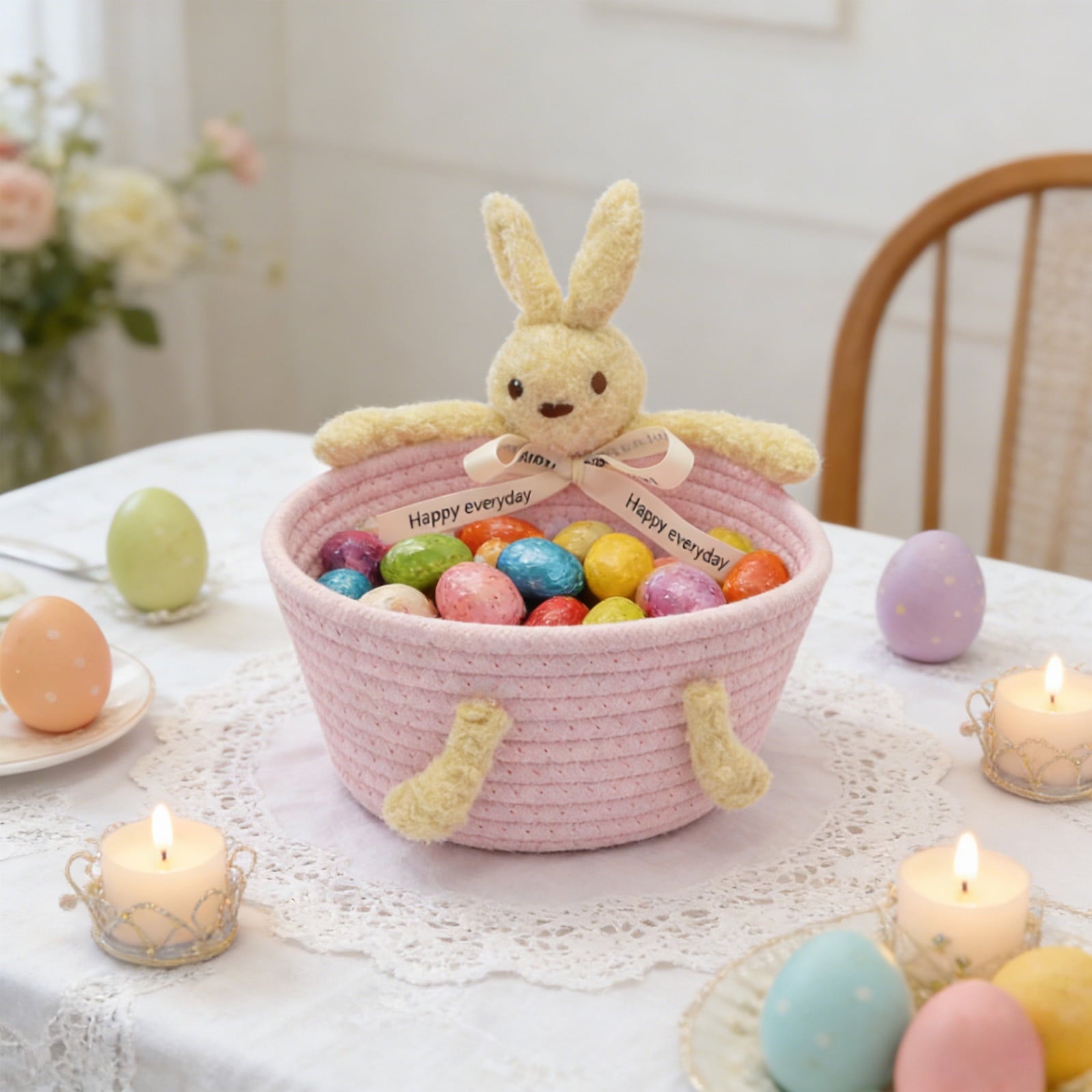 Easter Basket for Kids - Plush Bunny Basket with Handle, Easter Bucket for Egg Hunt, Easter Decorations & Gifts for Boys and Girls (Blue) by PALIFEUR
