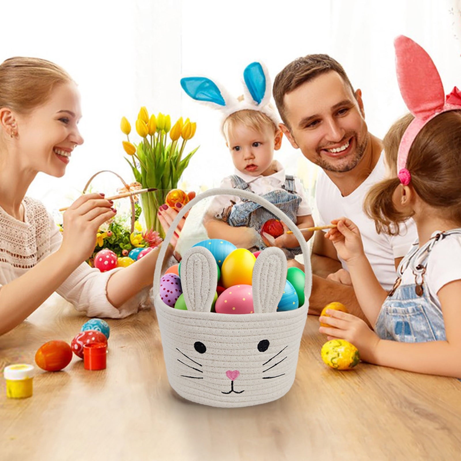 Easter Basket for Kids - Plush Bunny Basket with Handle, Easter Bucket for Egg Hunt, Easter Decorations & Gifts for Boys and Girls (Blue) by PALIFEUR