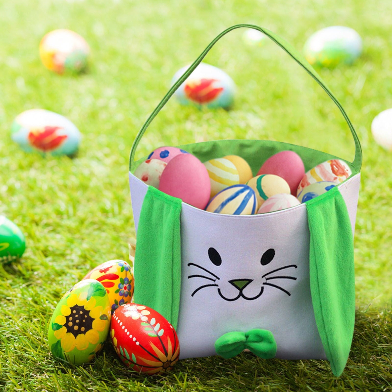 Easter Basket for Kids - Plush Bunny Basket with Handle, Easter Bucket for Egg Hunt, Easter Decorations & Gifts for Boys and Girls (Blue) by PALIFEUR