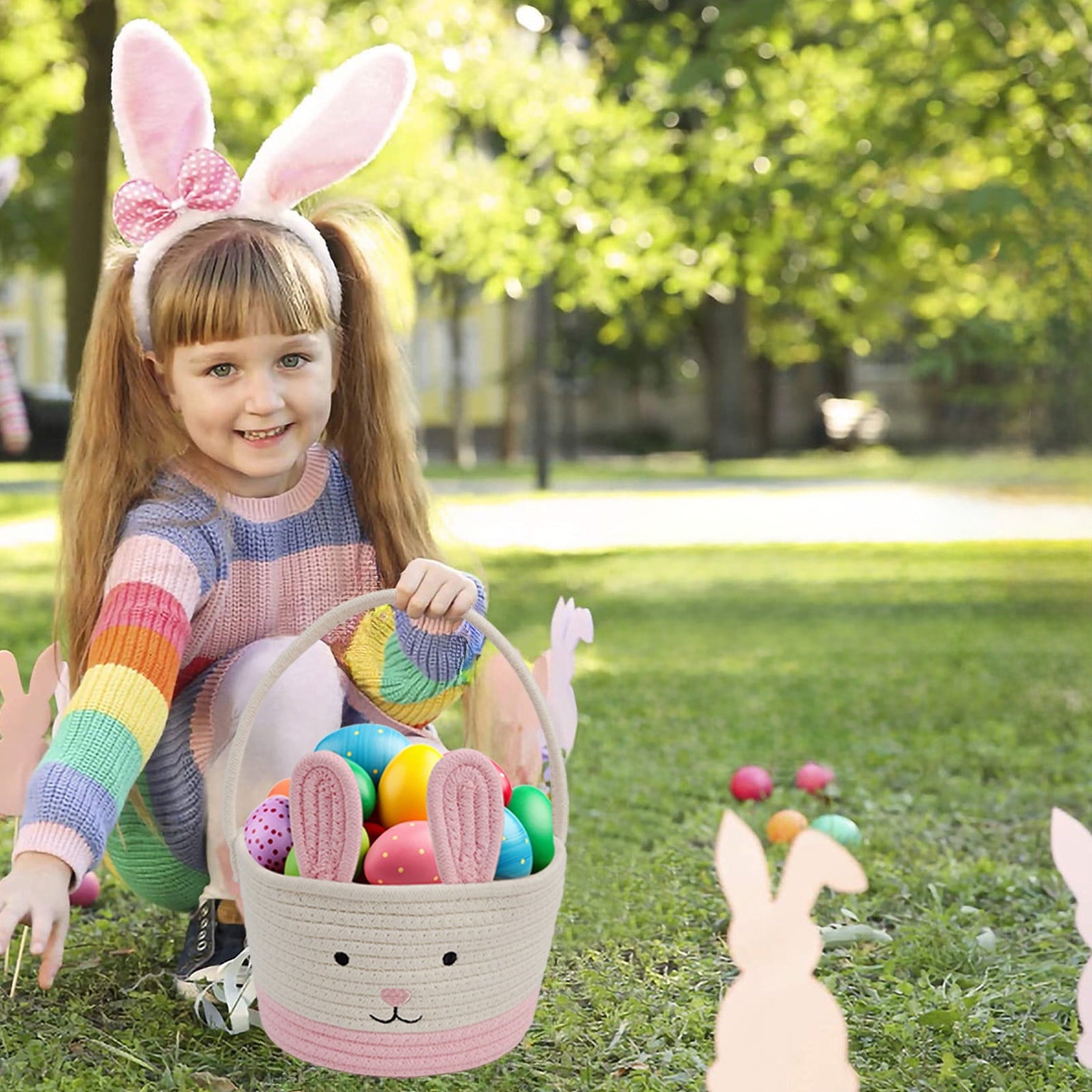 Easter Basket for Kids - Plush Bunny Basket with Handle, Easter Bucket for Egg Hunt, Easter Decorations & Gifts for Boys and Girls (Blue) by PALIFEUR