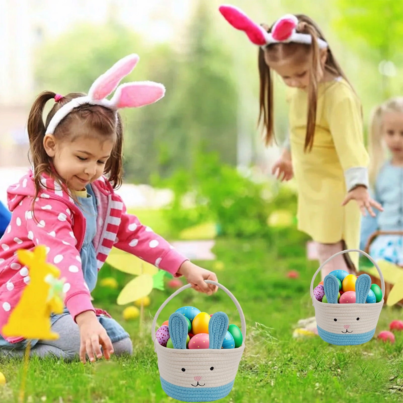 Easter Basket for Kids - Plush Bunny Basket with Handle, Easter Bucket for Egg Hunt, Easter Decorations & Gifts for Boys and Girls (Blue) by PALIFEUR