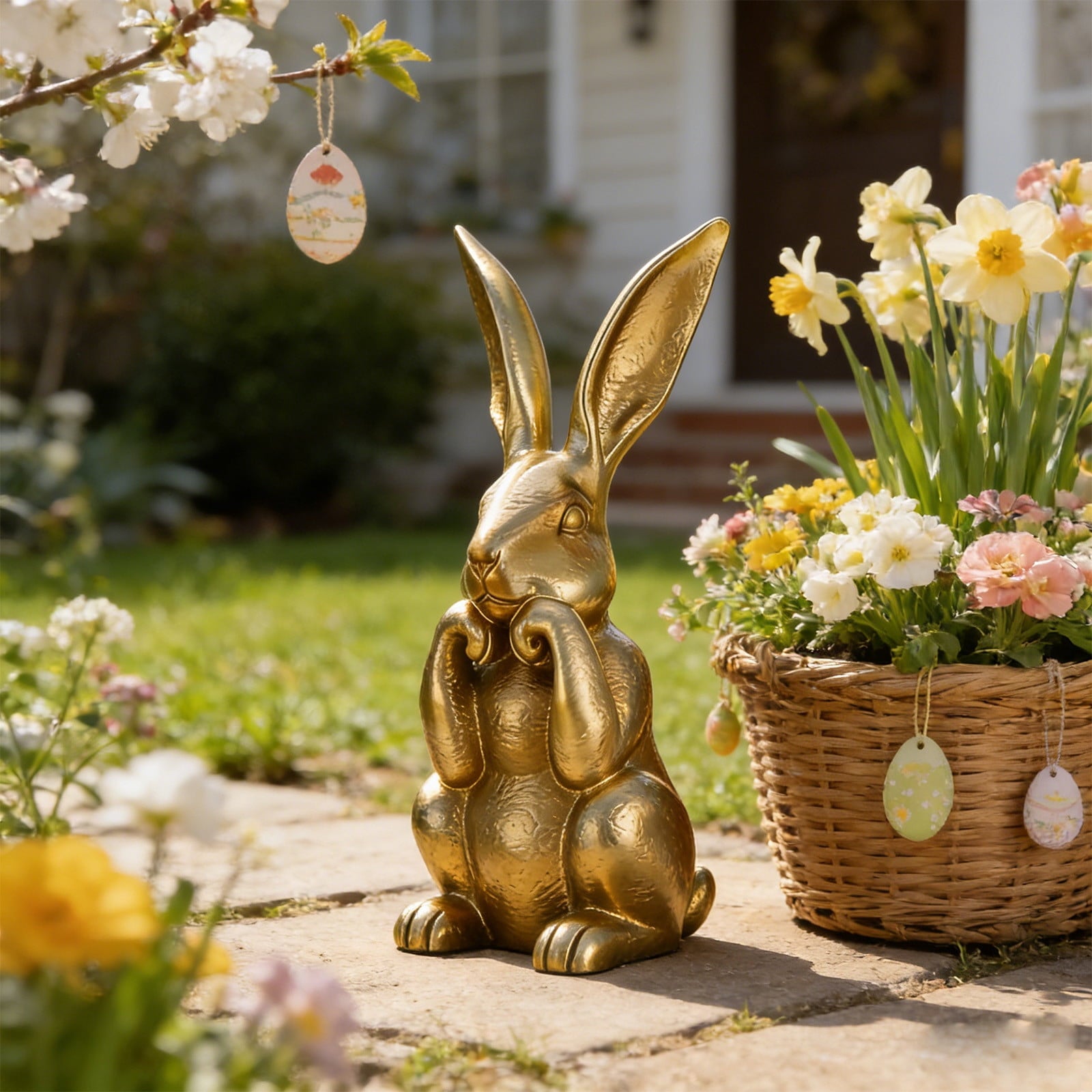 WKSCLPAI Easter Rabbits Decoration 8 Inch Vintage Gold Resin Bunny Statue Spring Rabbit Figurines Easter Table Centerpiece Decorative Bunny Sculpture Collectibles Gift for Home Indoor Decor