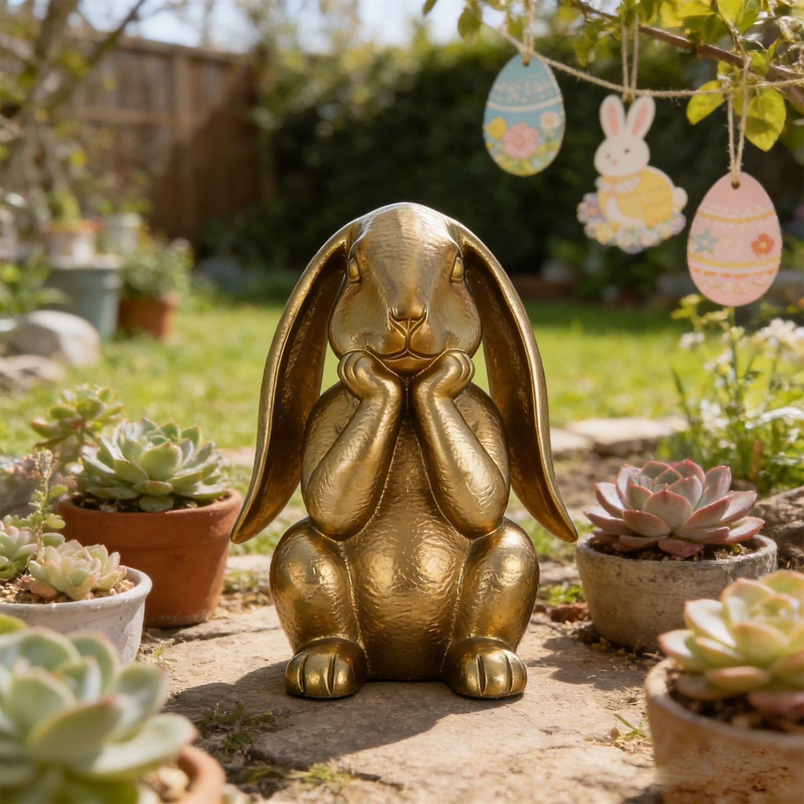 WKSCLPAI Easter Rabbits Decoration 8 Inch Vintage Gold Resin Bunny Statue Spring Rabbit Figurines Easter Table Centerpiece Decorative Bunny Sculpture Collectibles Gift for Home Indoor Decor