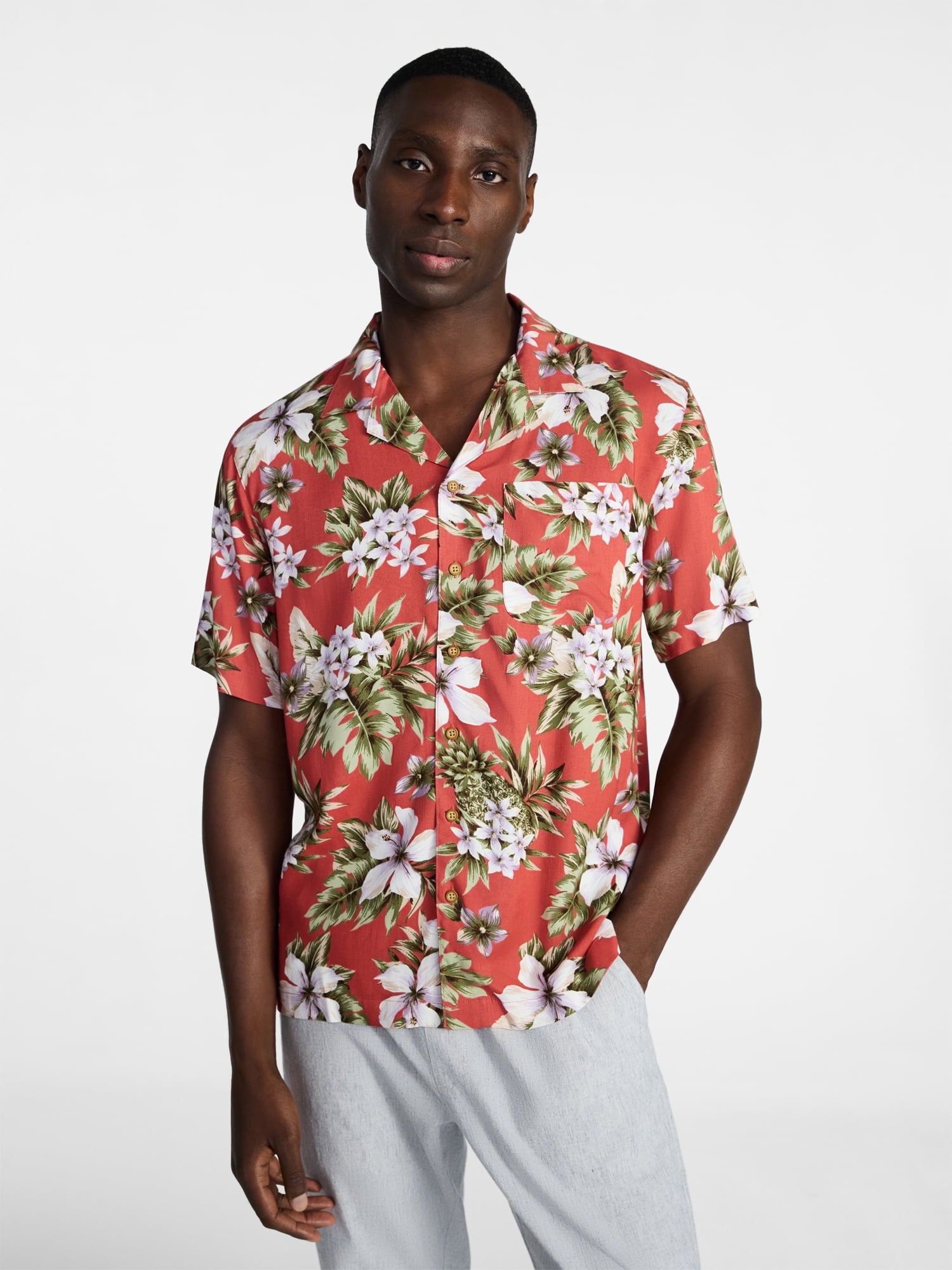George Men's Relaxed Fit Printed Camp Shirt with Short Sleeves, Sizes S-3XLT