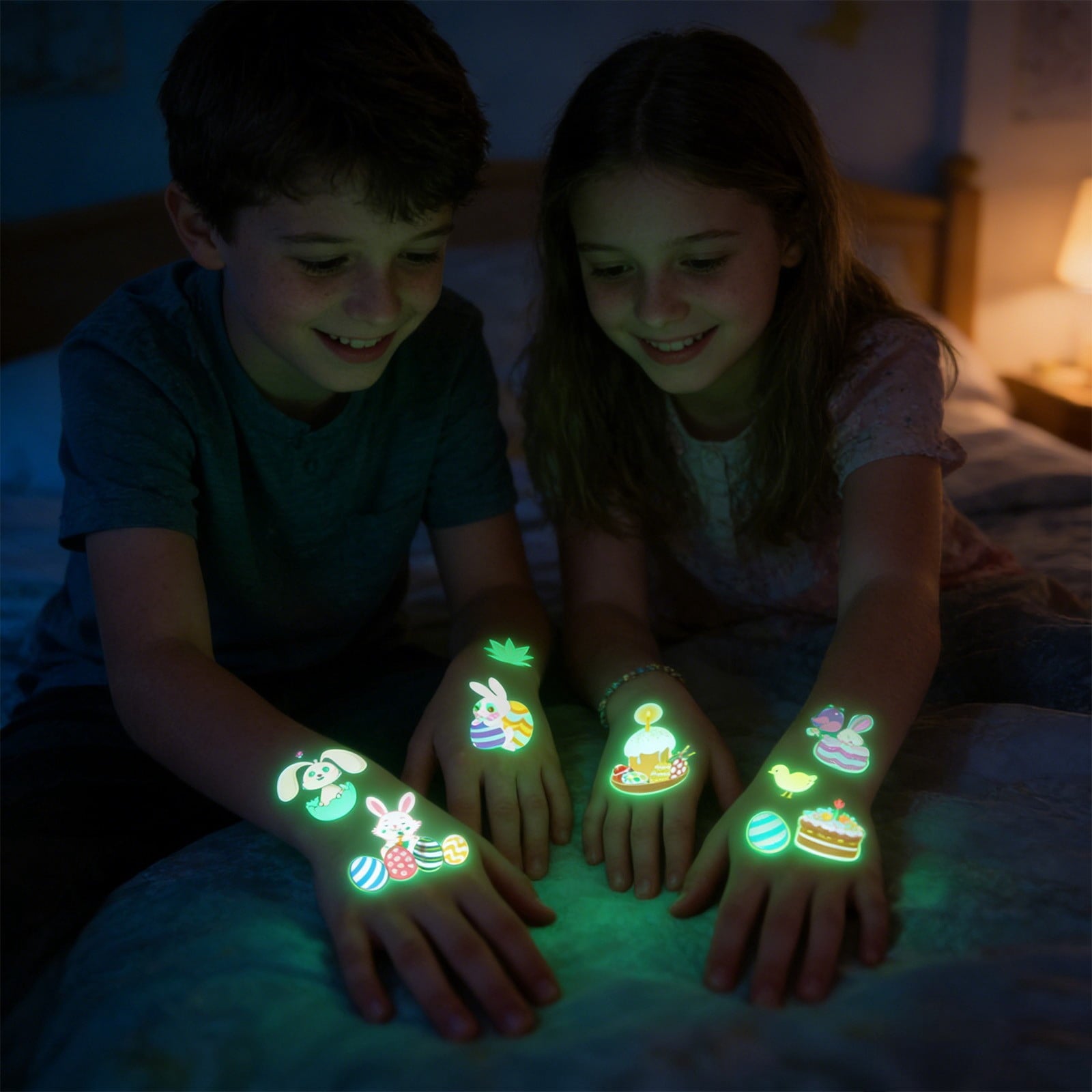 Glow In The Dark Easter Temporary Tattoos For Kids, Bunny Egg Waterproof Sweatproof, Safe Non-Irritating, Easy Apply & Remove, for Easter Egg Hunt Party Favors Basket Fillers Classroom Activities