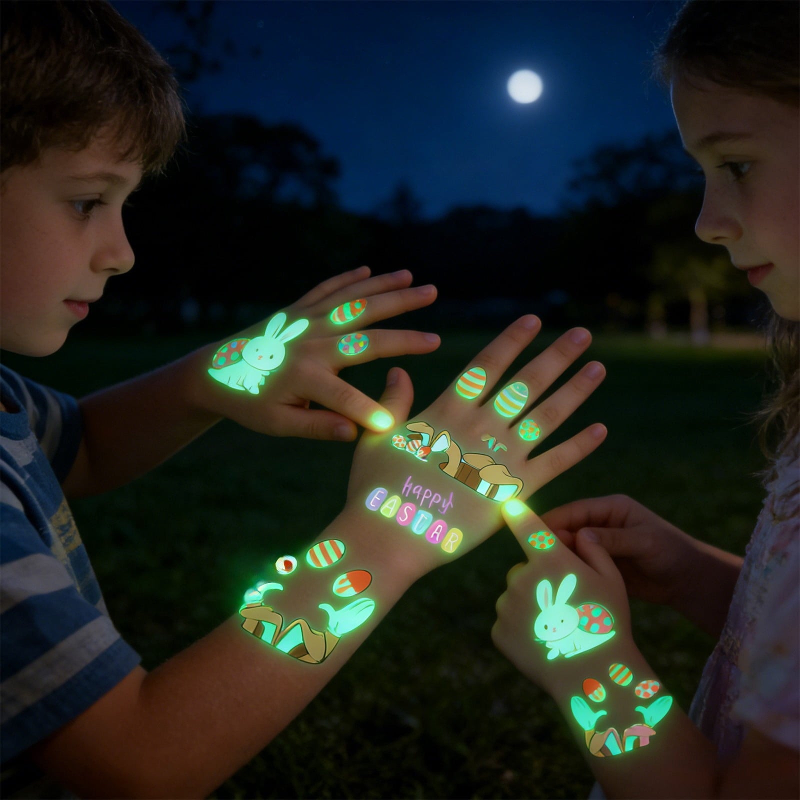 Glow In The Dark Easter Temporary Tattoos For Kids, Bunny Egg Waterproof Sweatproof, Safe Non-Irritating, Easy Apply & Remove, for Easter Egg Hunt Party Favors Basket Fillers Classroom Activities