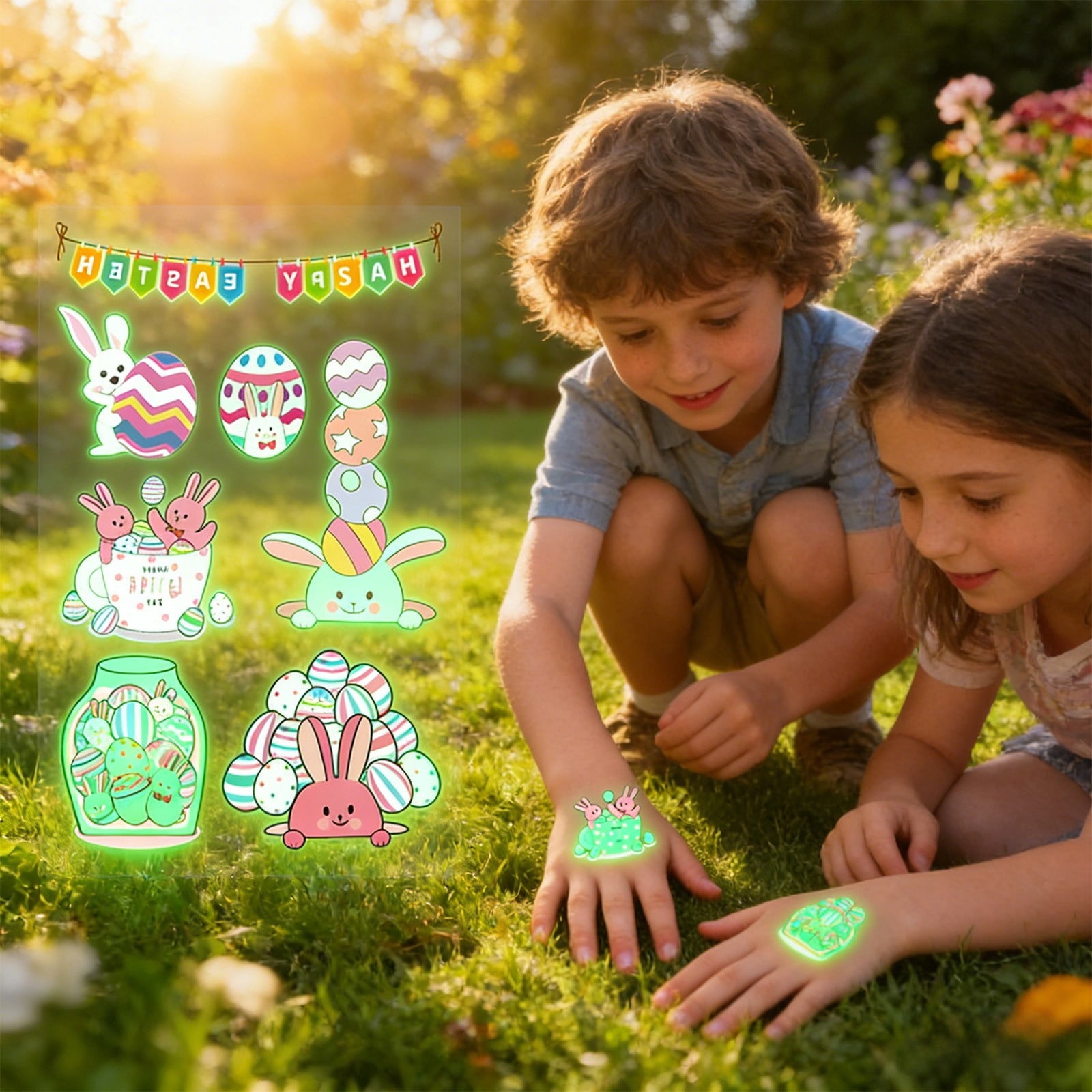Glow In The Dark Easter Temporary Tattoos For Kids, Bunny Egg Waterproof Sweatproof, Safe Non-Irritating, Easy Apply & Remove, for Easter Egg Hunt Party Favors Basket Fillers Classroom Activities