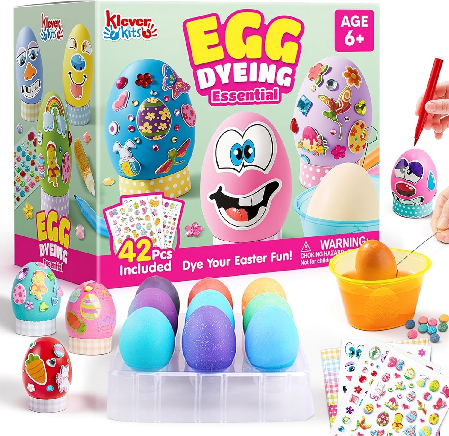 Joyfy 42Pcs Easter Egg Dye Kit,DIY Easter Egg Decorating Craft Kit with Egg Tray,Egg Stands,Easter Stickers for Kids,Easter Egg Coloring,Home School Class Egg Crafts
