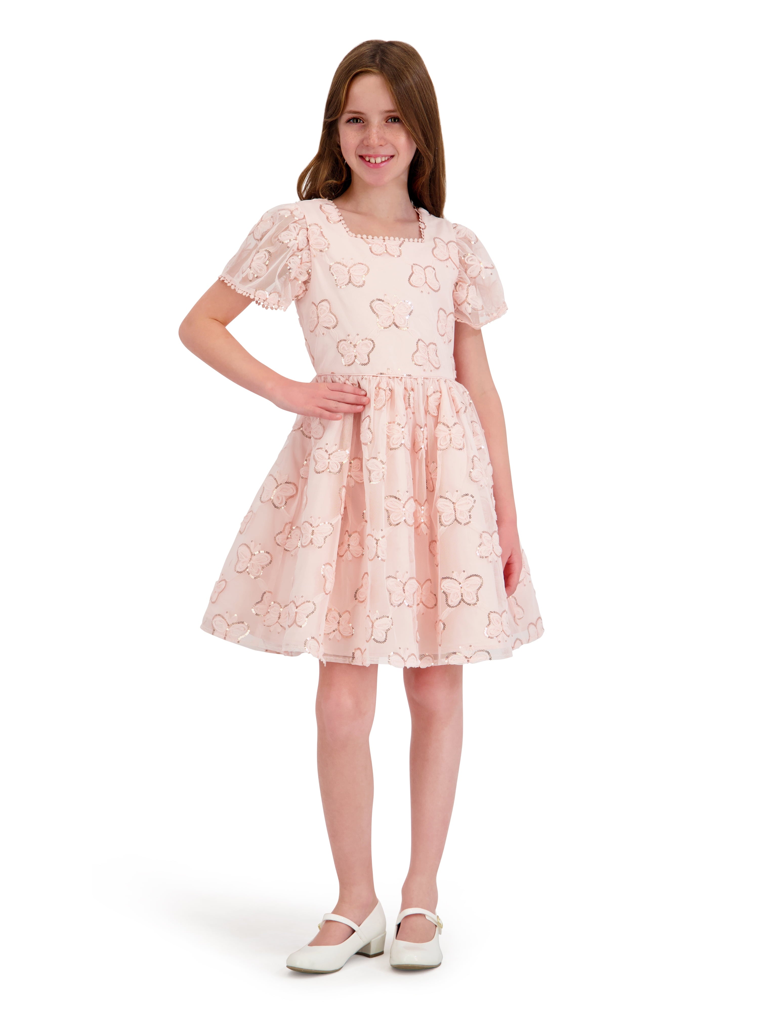 Kensie Girl Cap Sleeve Sequin Butterfly Soutache Mesh Dress, Sizes 4-16
