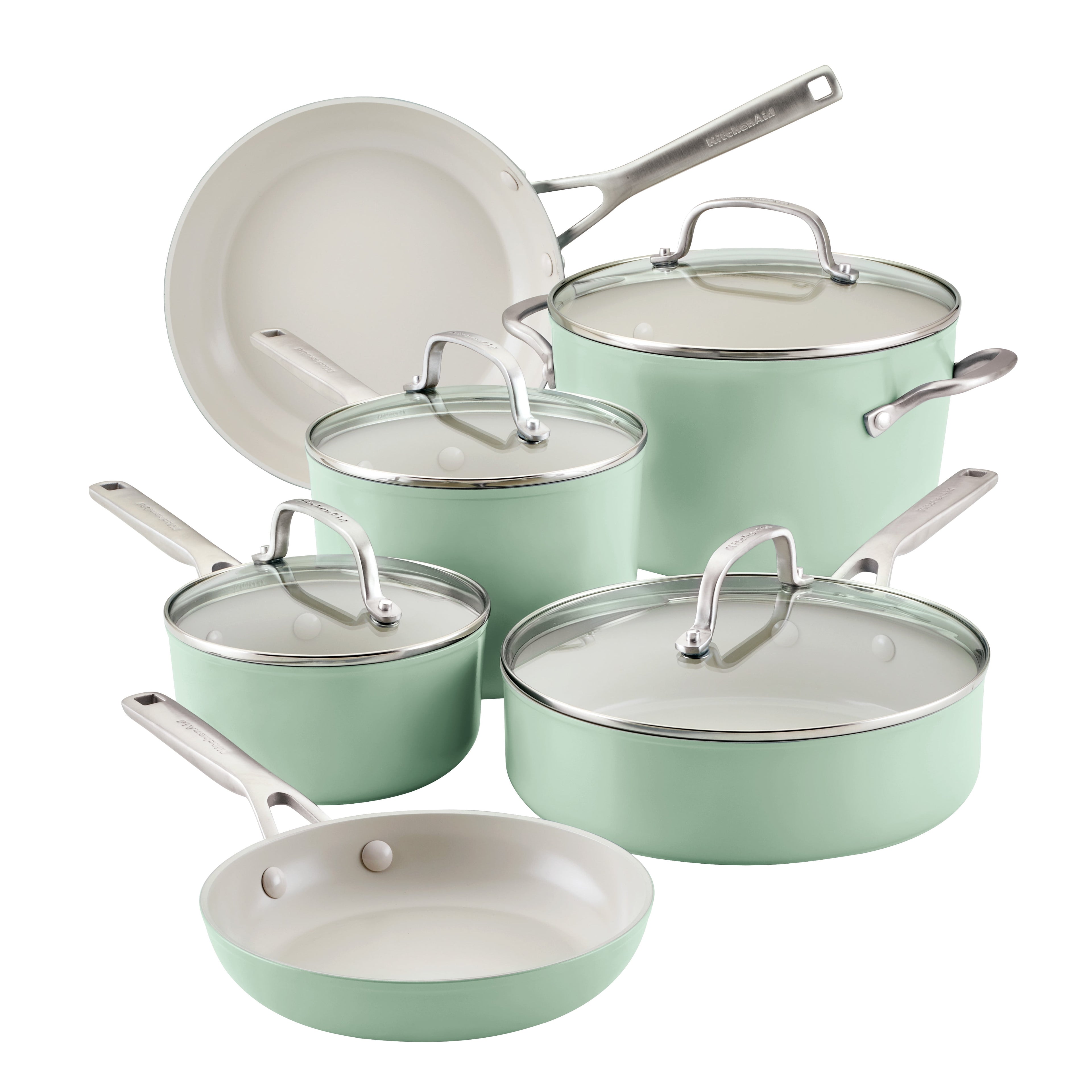 KitchenAid Hard Anodized 10 Pcs Ceramic Nonstick Cookware Pots and Pans Set, Oven Safe to 500°F, Pistachio