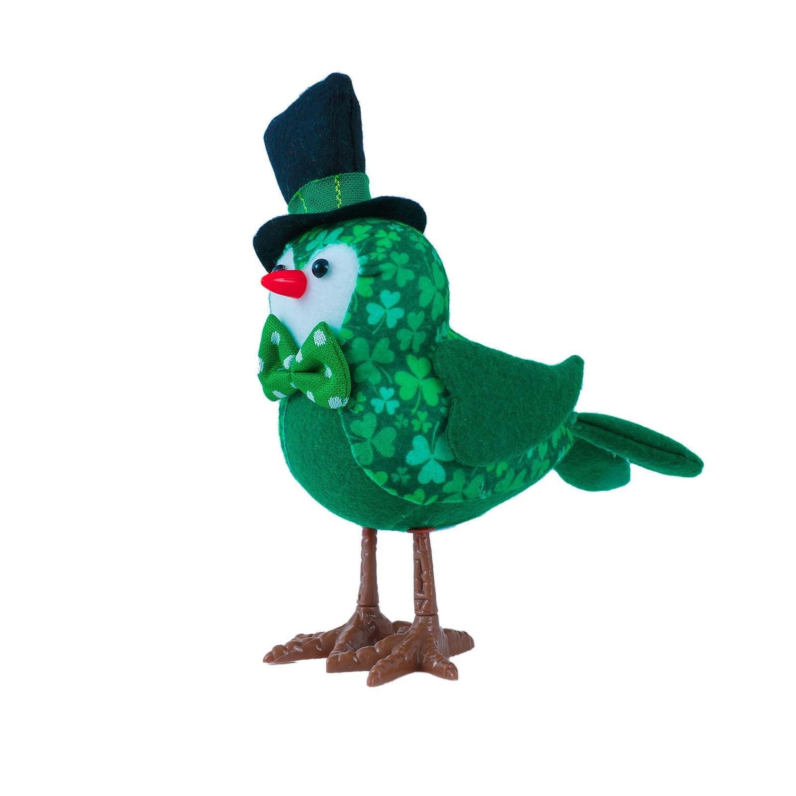 Lksixu St.Patrick's Day Birds Ornaments, 3D Green Shamrock Bird Figurines with Hat and Bow, Handmade Irish Luck Inseparable Birds Doll Spring Table Decor Animals Garden Statue for Window Party