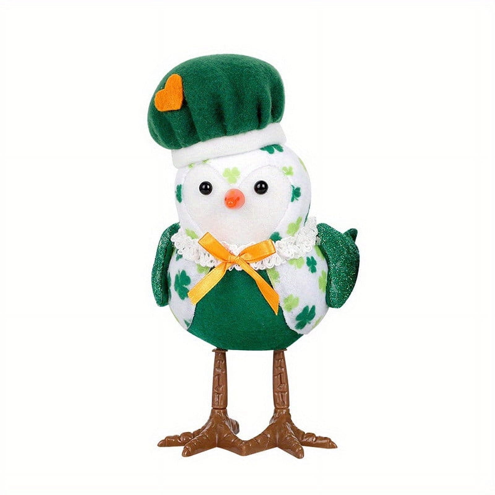 Lksixu St.Patrick's Day Birds Ornaments, 3D Green Shamrock Bird Figurines with Hat and Bow, Handmade Irish Luck Inseparable Birds Doll Spring Table Decor Animals Garden Statue for Window Party