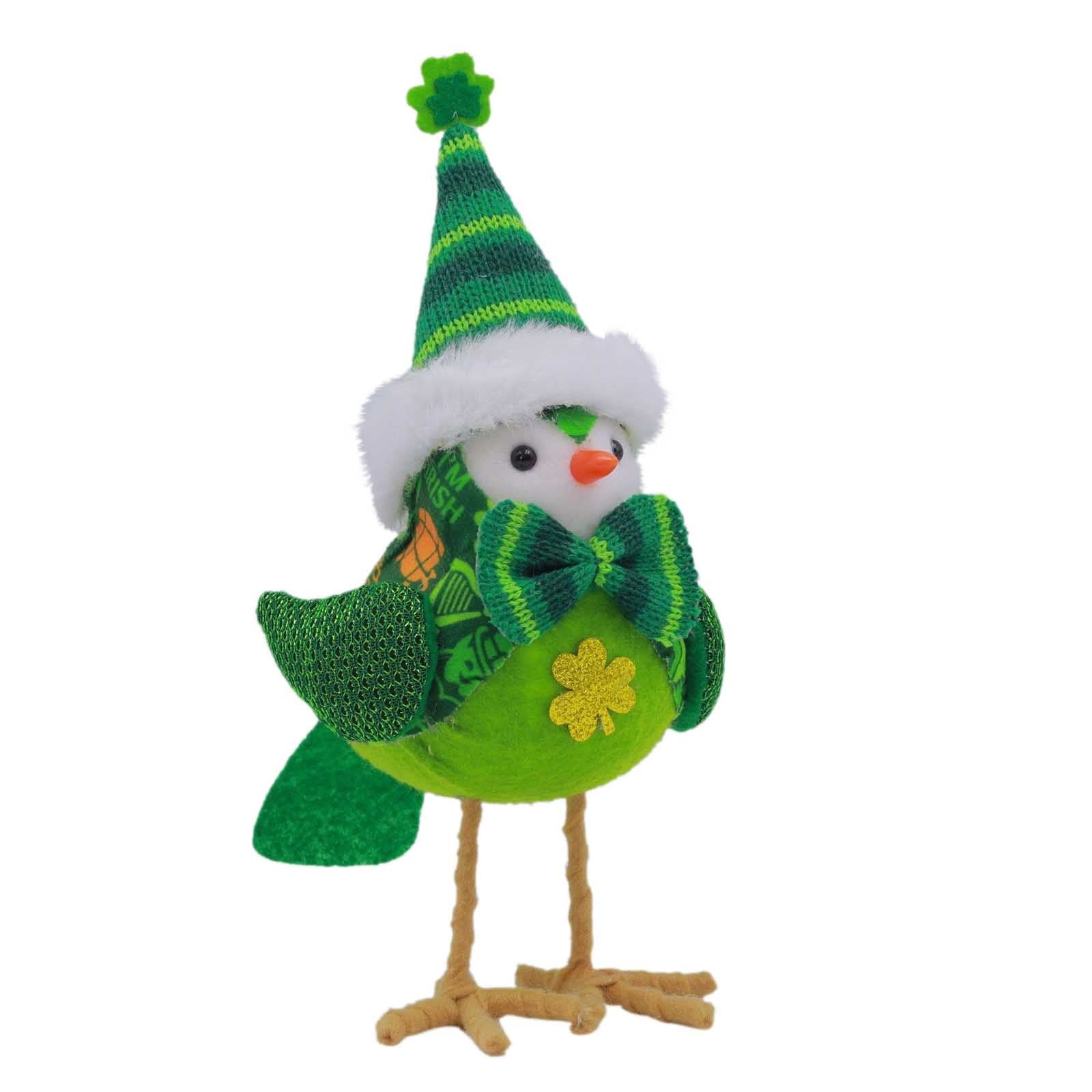 Lksixu St.Patrick's Day Birds Ornaments, 3D Green Shamrock Bird Figurines with Hat and Bow, Handmade Irish Luck Inseparable Birds Doll Spring Table Decor Animals Garden Statue for Window Party