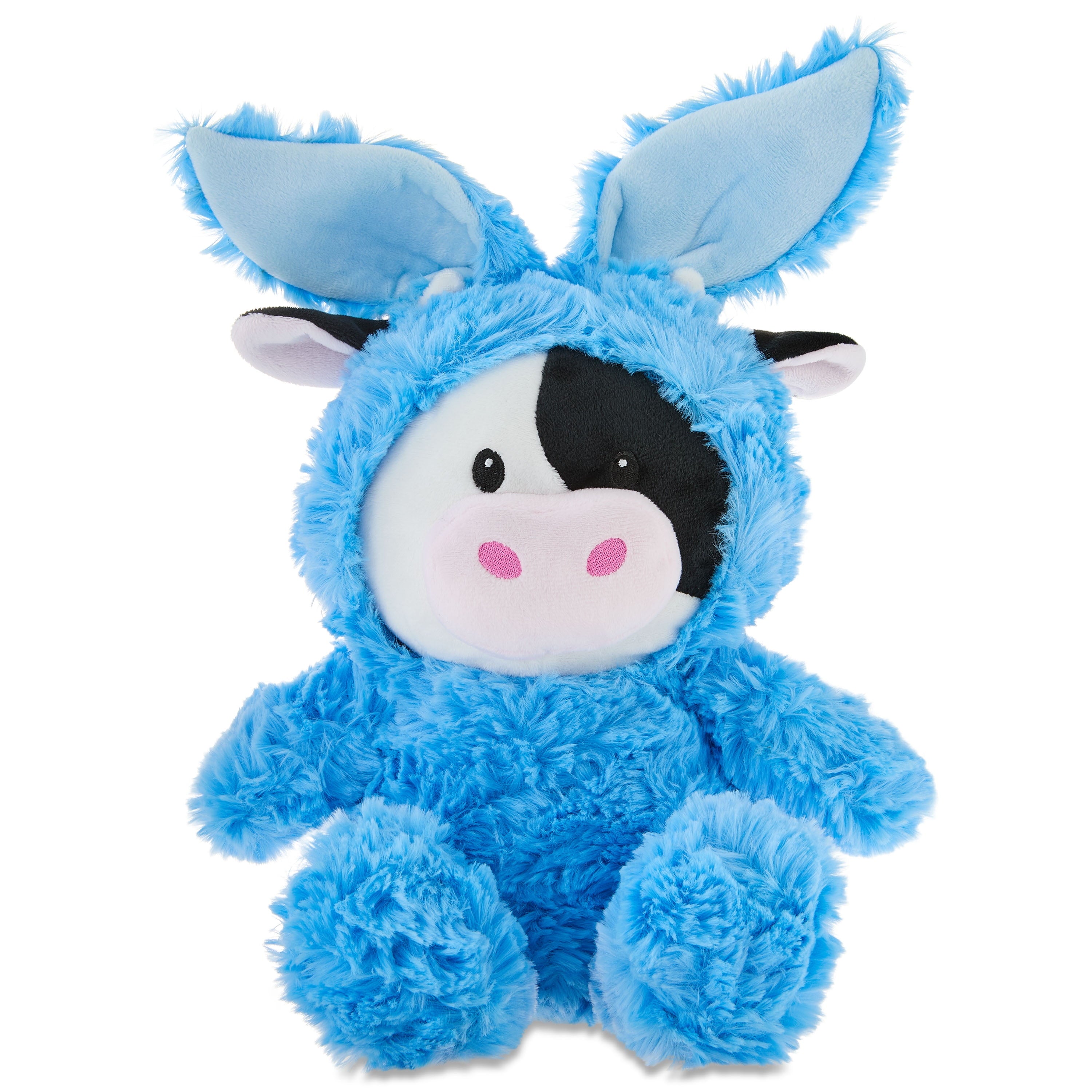 Medium Cow Plush in Bunny Hoodie, Black/White/Blue, 15", Easter by Way To Celebrate