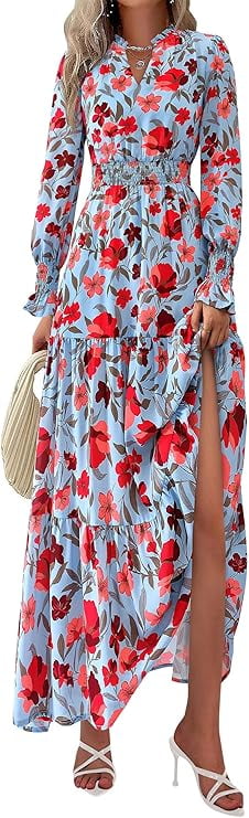 PRETTYGARDEN Women's Floral Maxi Dress Spring Long Sleeve V Neck Casual A Line Long Flowy Boho Party Dresses