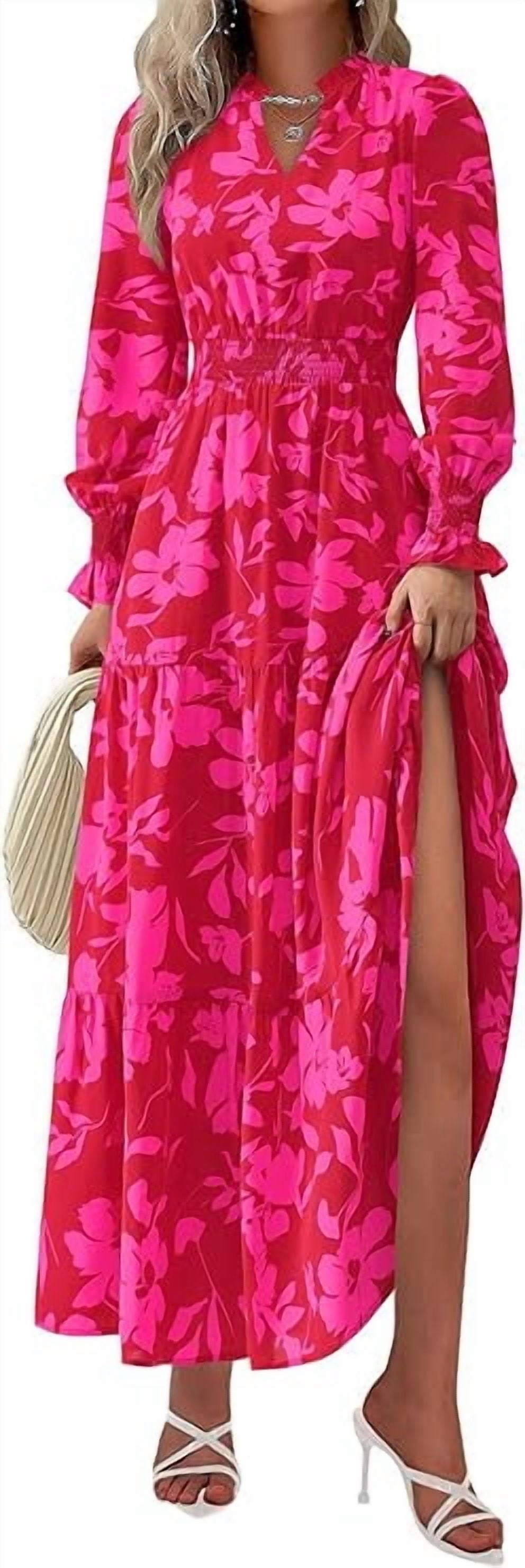 PRETTYGARDEN Women's Floral Maxi Dress Spring Long Sleeve V Neck Casual A Line Long Flowy Boho Party Dresses
