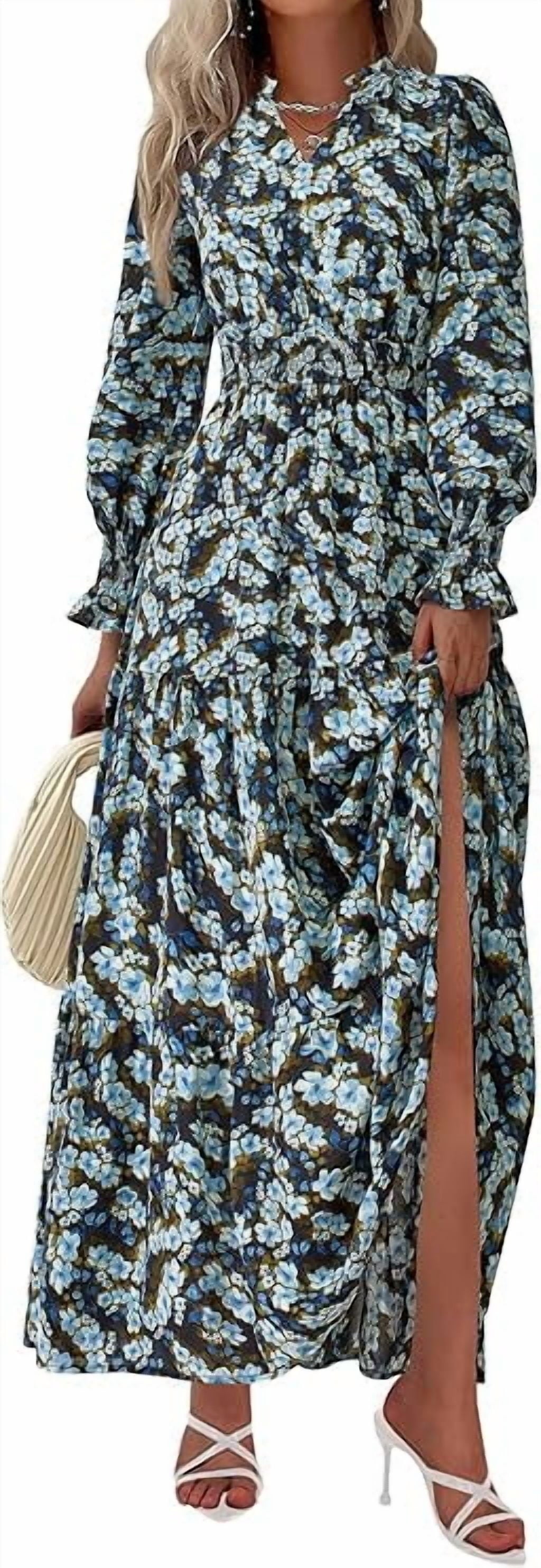 PRETTYGARDEN Women's Floral Maxi Dress Spring Long Sleeve V Neck Casual A Line Long Flowy Boho Party Dresses