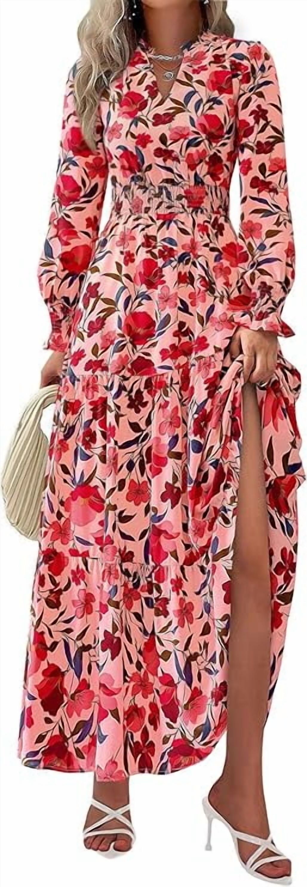 PRETTYGARDEN Women's Floral Maxi Dress Spring Long Sleeve V Neck Casual A Line Long Flowy Boho Party Dresses