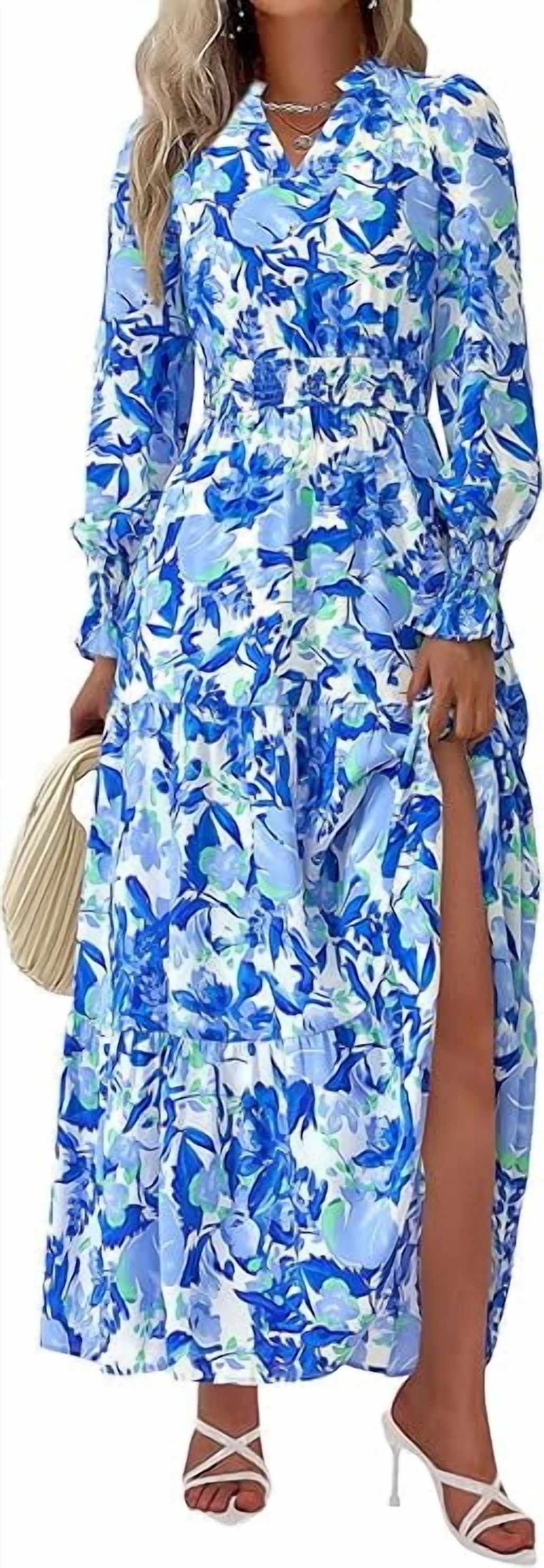 PRETTYGARDEN Women's Floral Maxi Dress Spring Long Sleeve V Neck Casual A Line Long Flowy Boho Party Dresses