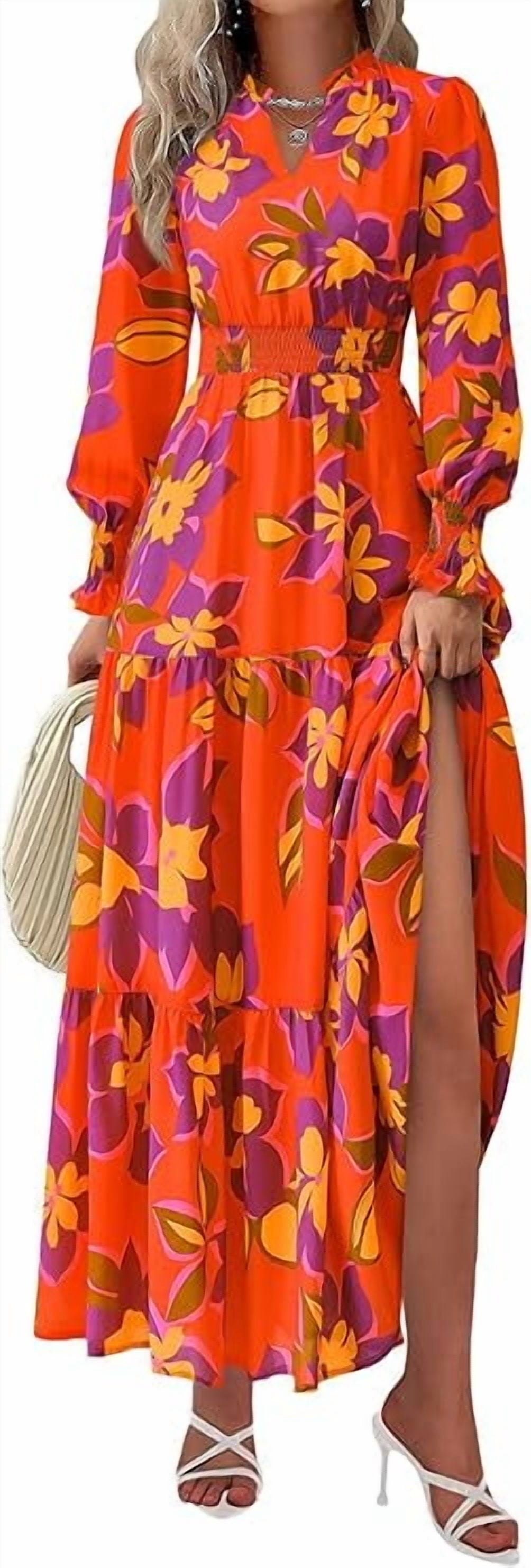 PRETTYGARDEN Women's Floral Maxi Dress Spring Long Sleeve V Neck Casual A Line Long Flowy Boho Party Dresses