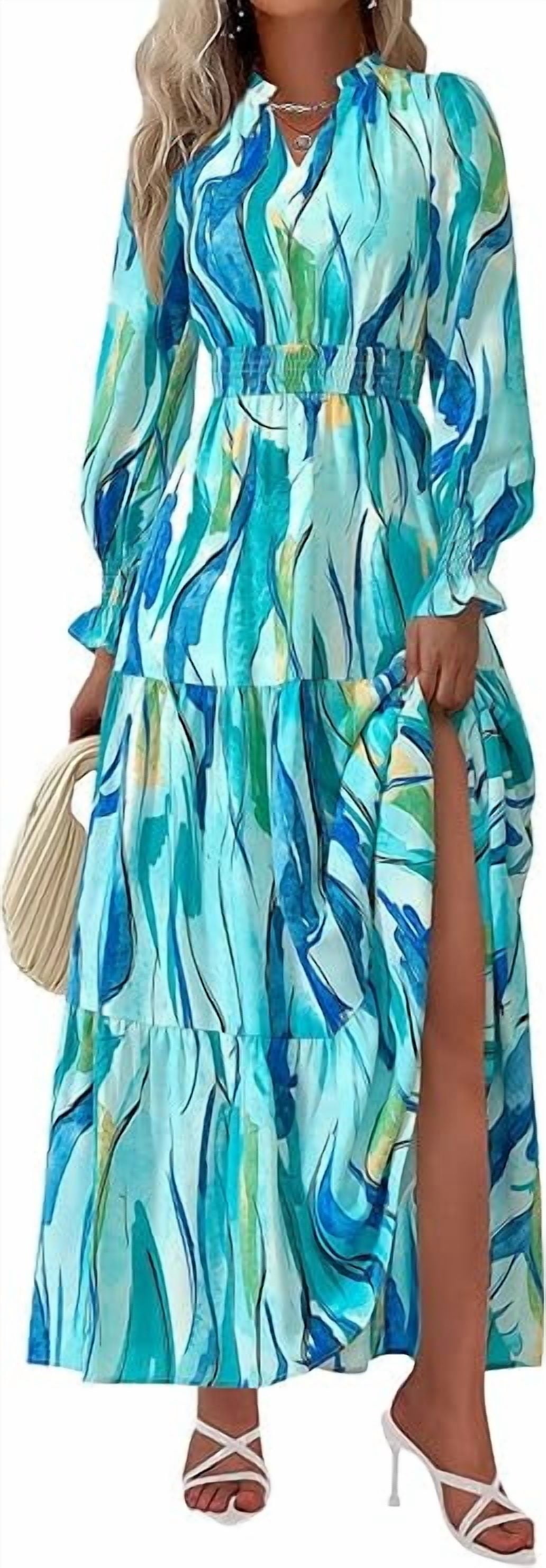 PRETTYGARDEN Women's Floral Maxi Dress Spring Long Sleeve V Neck Casual A Line Long Flowy Boho Party Dresses