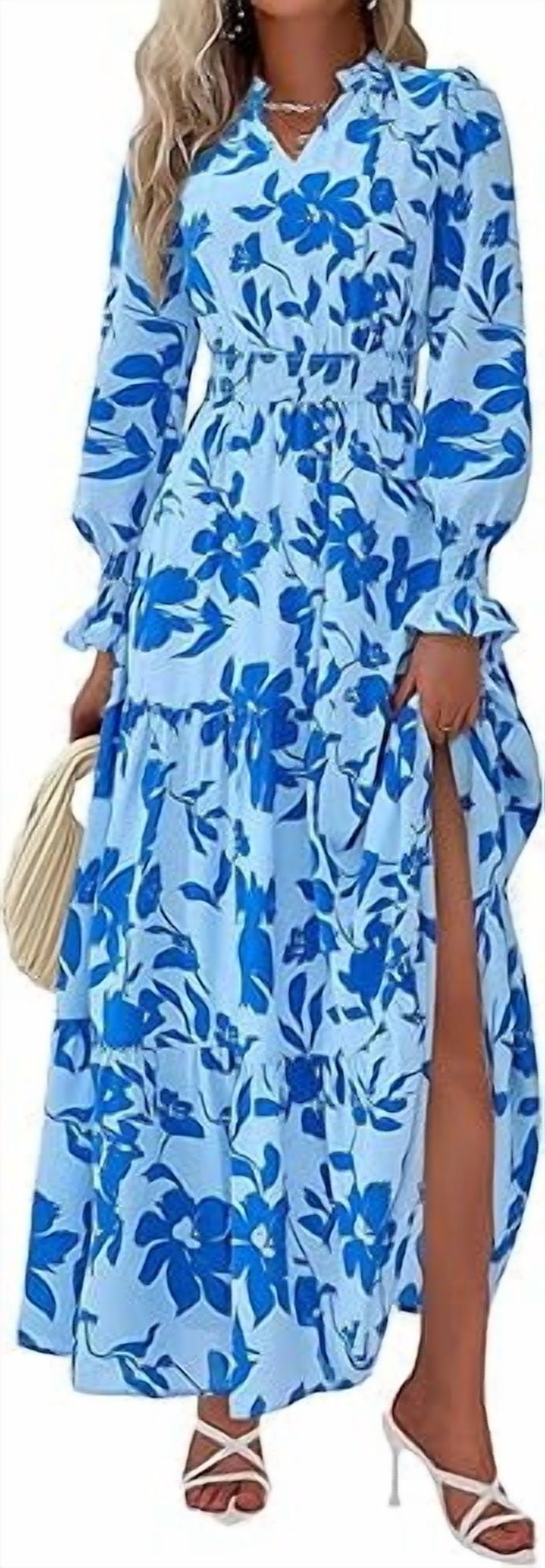PRETTYGARDEN Women's Floral Maxi Dress Spring Long Sleeve V Neck Casual A Line Long Flowy Boho Party Dresses