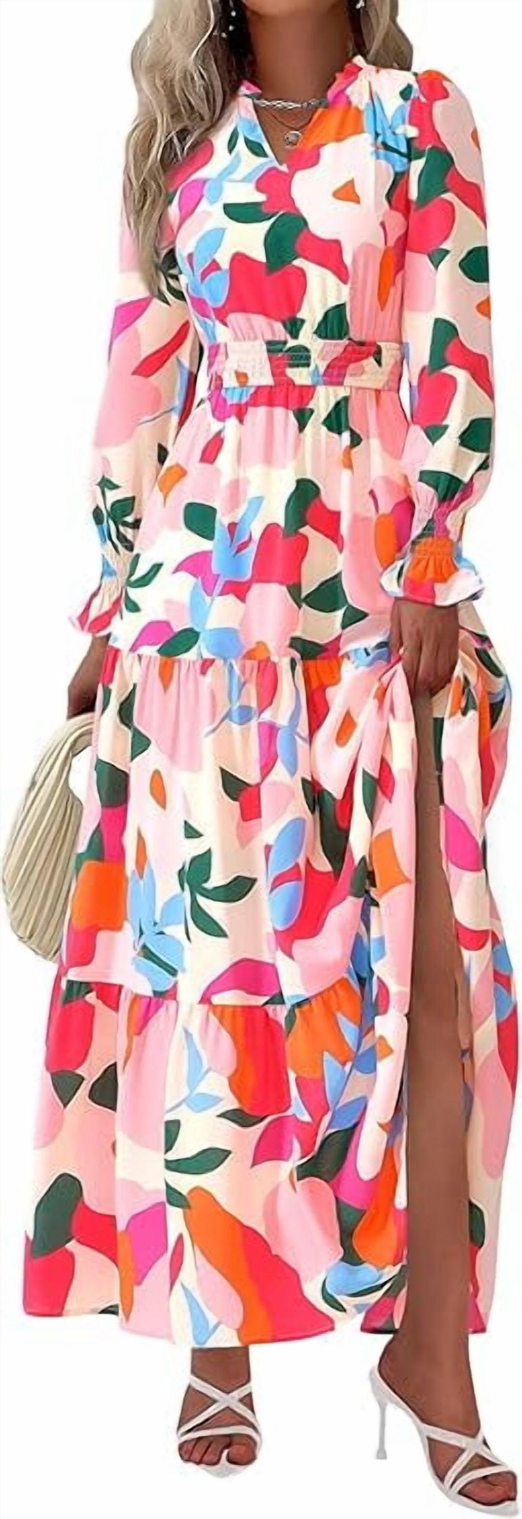 PRETTYGARDEN Women's Floral Maxi Dress Spring Long Sleeve V Neck Casual A Line Long Flowy Boho Party Dresses