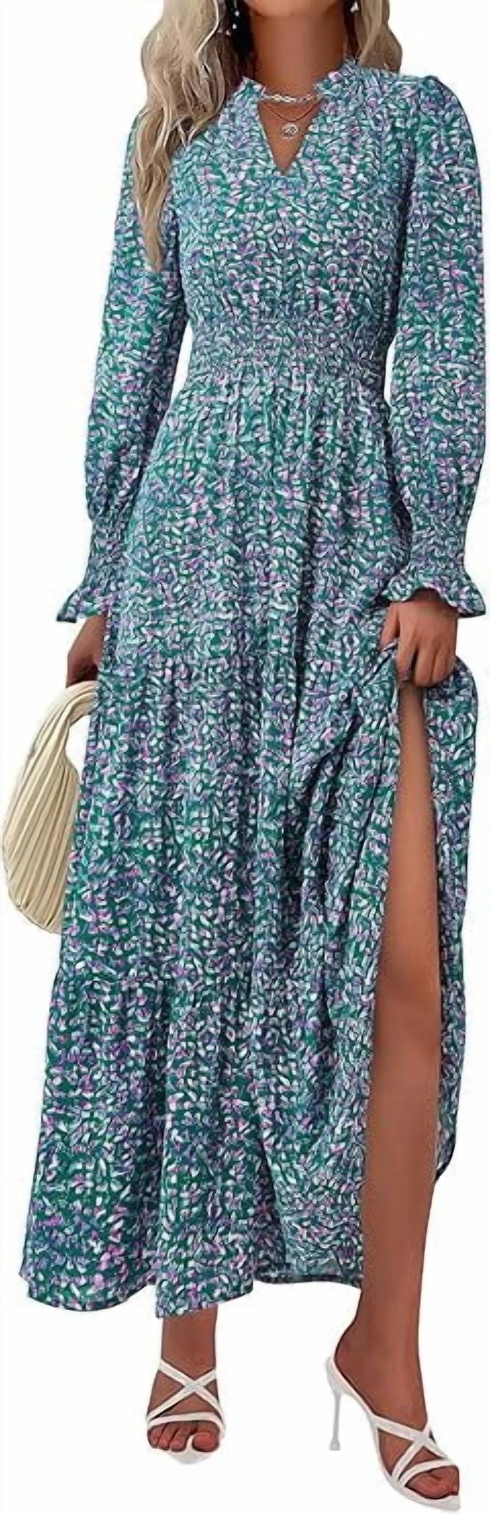 PRETTYGARDEN Women's Floral Maxi Dress Spring Long Sleeve V Neck Casual A Line Long Flowy Boho Party Dresses