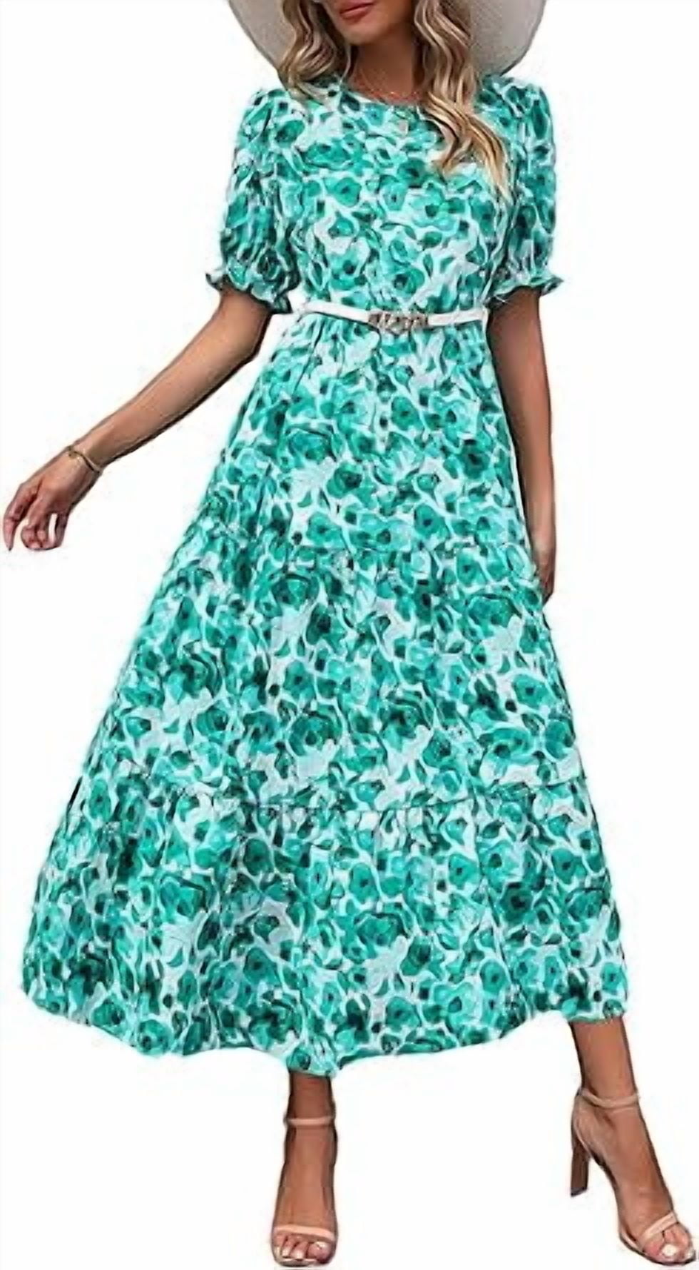 PRETTYGARDEN Women's Summer Casual Boho Dress Floral Print Ruffle Puff Short Sleeve Flowy Midi Beach Party Dresses
