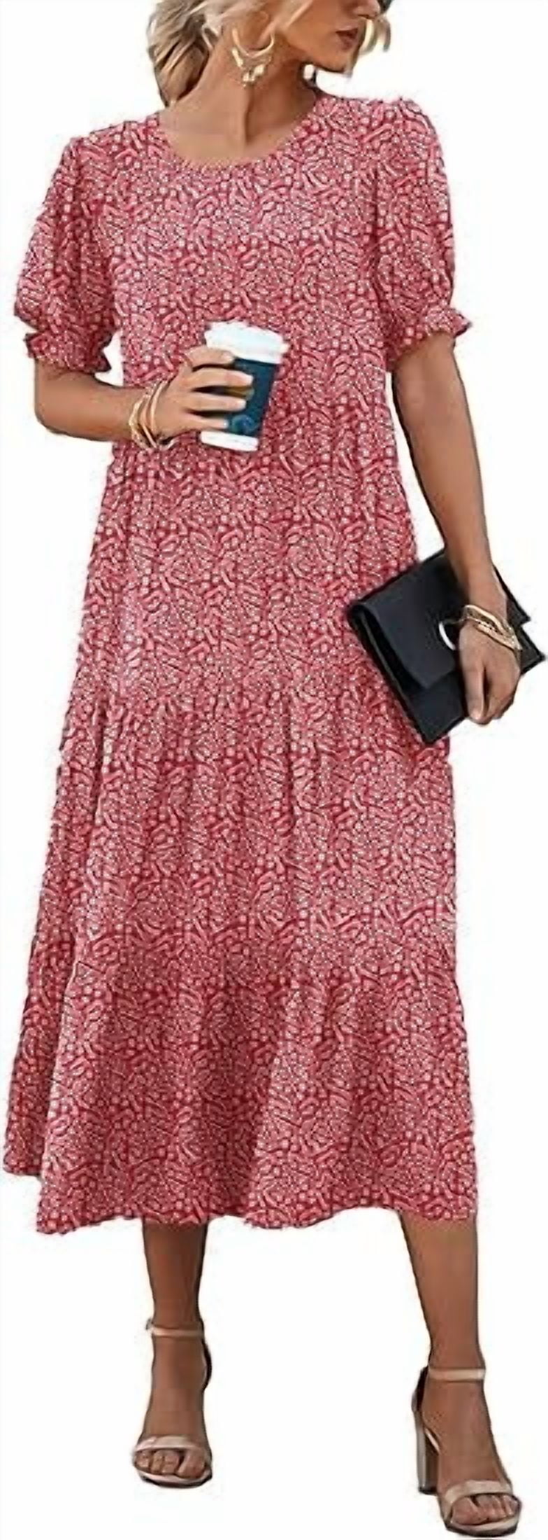 PRETTYGARDEN Women's Summer Casual Boho Dress Floral Print Ruffle Puff Short Sleeve Flowy Midi Beach Party Dresses
