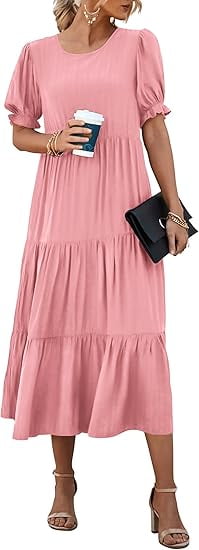 PRETTYGARDEN Women's Summer Casual Boho Dress Floral Print Ruffle Puff Short Sleeve Flowy Midi Beach Party Dresses
