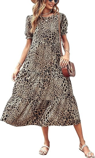 PRETTYGARDEN Women's Summer Casual Boho Dress Floral Print Ruffle Puff Short Sleeve Flowy Midi Beach Party Dresses