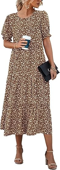 PRETTYGARDEN Women's Summer Casual Boho Dress Floral Print Ruffle Puff Short Sleeve Flowy Midi Beach Party Dresses