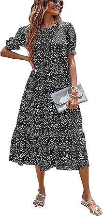PRETTYGARDEN Women's Summer Casual Boho Dress Floral Print Ruffle Puff Short Sleeve Flowy Midi Beach Party Dresses