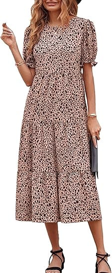 PRETTYGARDEN Women's Summer Casual Boho Dress Floral Print Ruffle Puff Short Sleeve Flowy Midi Beach Party Dresses
