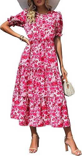 PRETTYGARDEN Women's Summer Casual Boho Dress Floral Print Ruffle Puff Short Sleeve Flowy Midi Beach Party Dresses