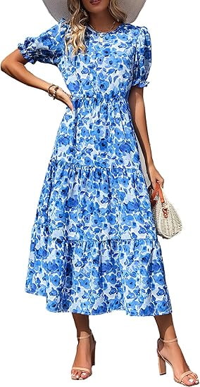 PRETTYGARDEN Women's Summer Casual Boho Dress Floral Print Ruffle Puff Short Sleeve Flowy Midi Beach Party Dresses