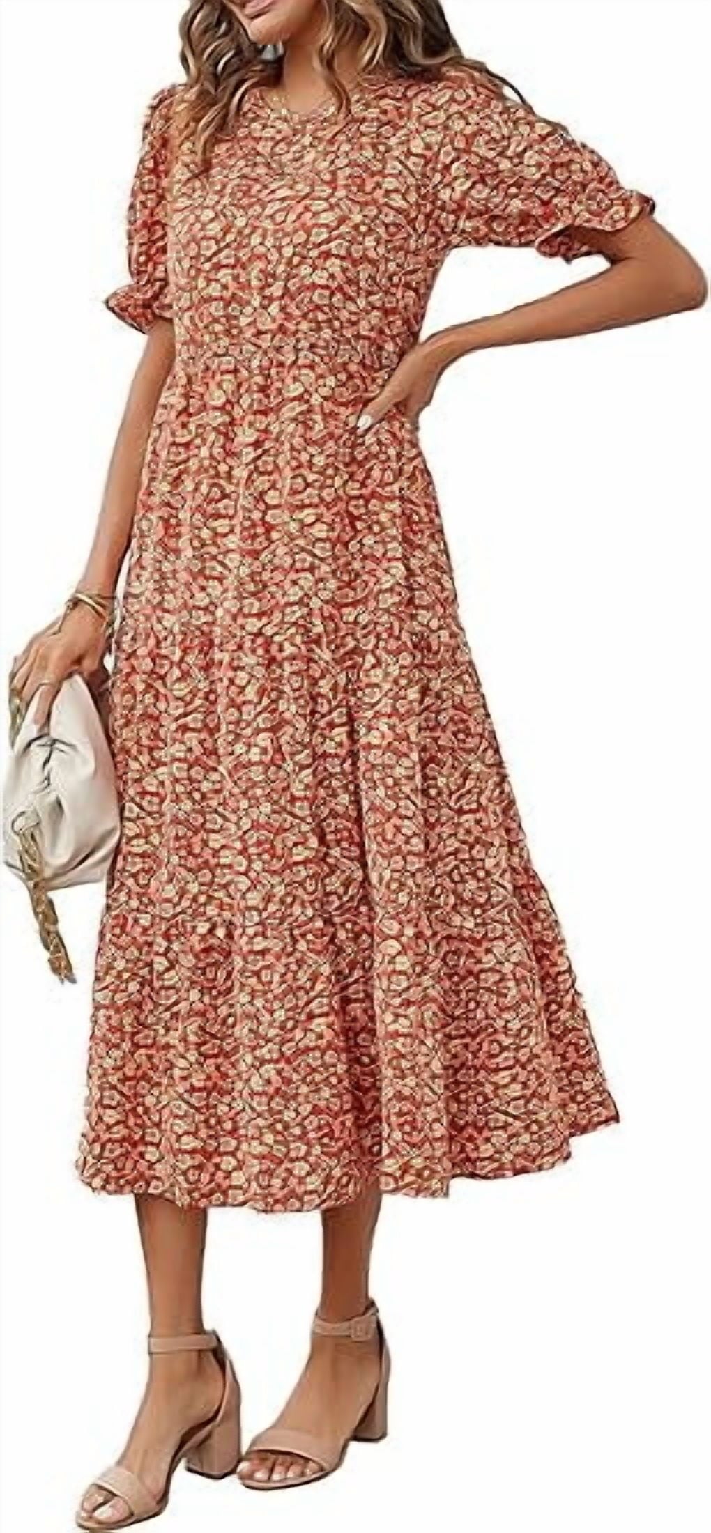PRETTYGARDEN Women's Summer Casual Boho Dress Floral Print Ruffle Puff Short Sleeve Flowy Midi Beach Party Dresses