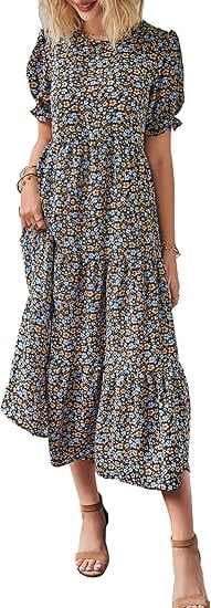 PRETTYGARDEN Women's Summer Casual Boho Dress Floral Print Ruffle Puff Short Sleeve Flowy Midi Beach Party Dresses