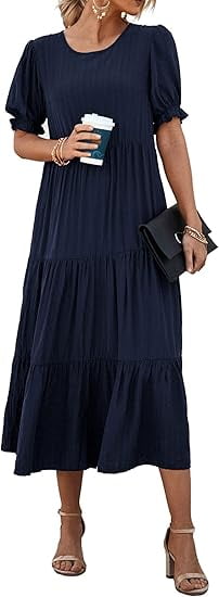 PRETTYGARDEN Women's Summer Casual Boho Dress Floral Print Ruffle Puff Short Sleeve Flowy Midi Beach Party Dresses