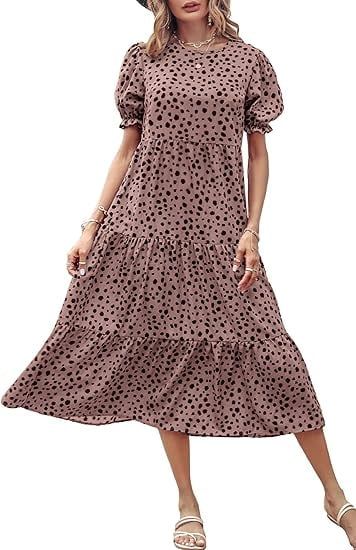 PRETTYGARDEN Women's Summer Casual Boho Dress Floral Print Ruffle Puff Short Sleeve Flowy Midi Beach Party Dresses