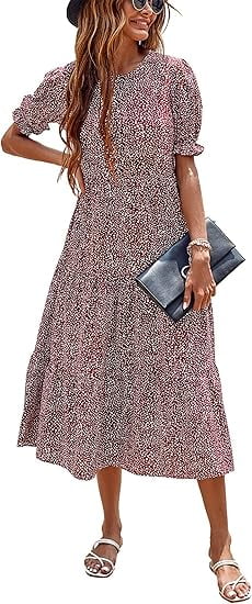 PRETTYGARDEN Women's Summer Casual Boho Dress Floral Print Ruffle Puff Short Sleeve Flowy Midi Beach Party Dresses